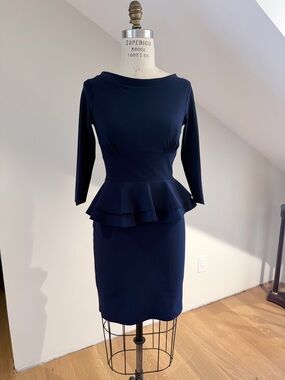 Chiara Boni Navy Long Sleeve Peplum Sheath Dress